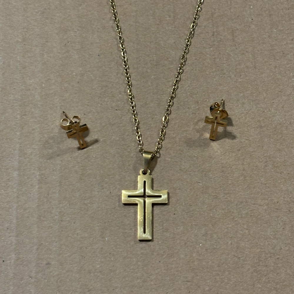 Gold Plated Cross Necklace + Earrings Set